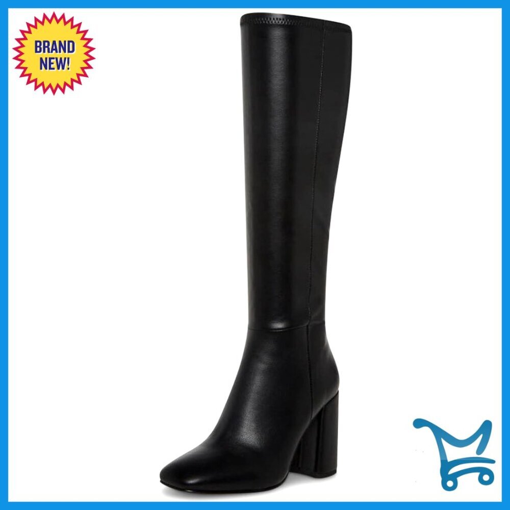 Faux Leather Knee High Boots Square Toe Chunky Heel Side Zip - Picture 1 of 7